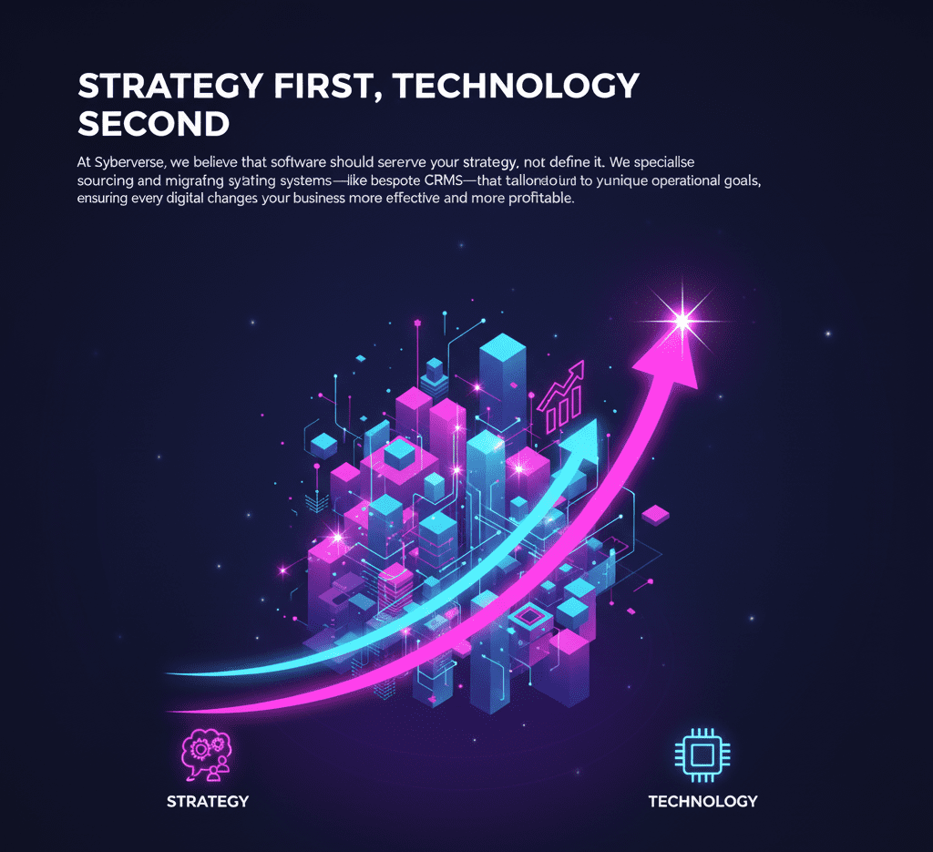 Our Philosophy" Section (SEO Gold) This section explains why you focus on systems and efficiency, which helps you rank for "Business Transformation" keywords. Heading: Strategy First, Technology Second. Description: "At Syberverse, we believe that software should serve your strategy, not define it. We specialise in sourcing and migrating systems—like bespoke CRMs—that are tailored to your unique operational goals, ensuring every digital change makes your business more effective and more profitable.".