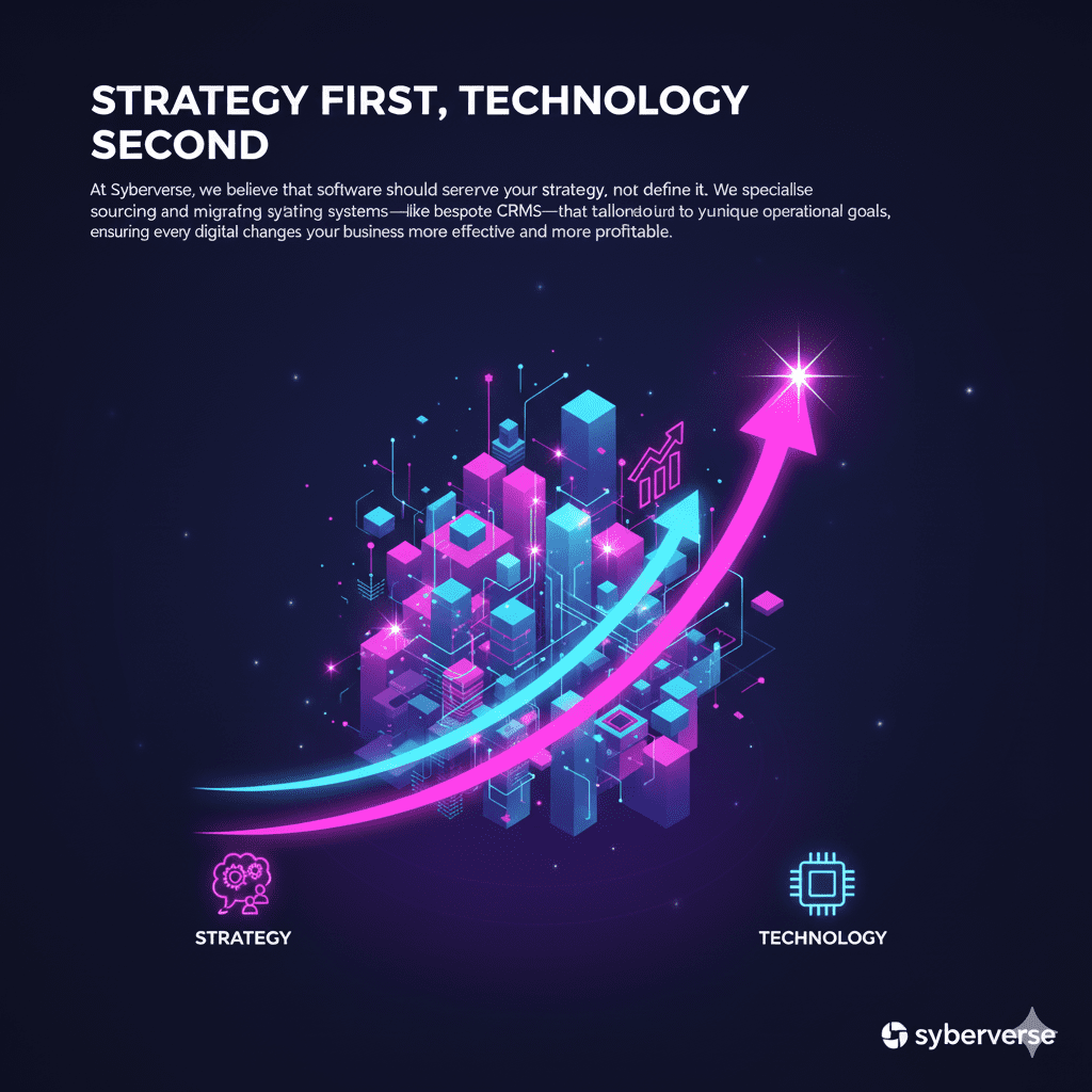 Our Philosophy" Section (SEO Gold) This section explains why you focus on systems and efficiency, which helps you rank for "Business Transformation" keywords. Heading: Strategy First, Technology Second. Description: "At Syberverse, we believe that software should serve your strategy, not define it. We specialise in sourcing and migrating systems—like bespoke CRMs—that are tailored to your unique operational goals, ensuring every digital change makes your business more effective and more profitable.".